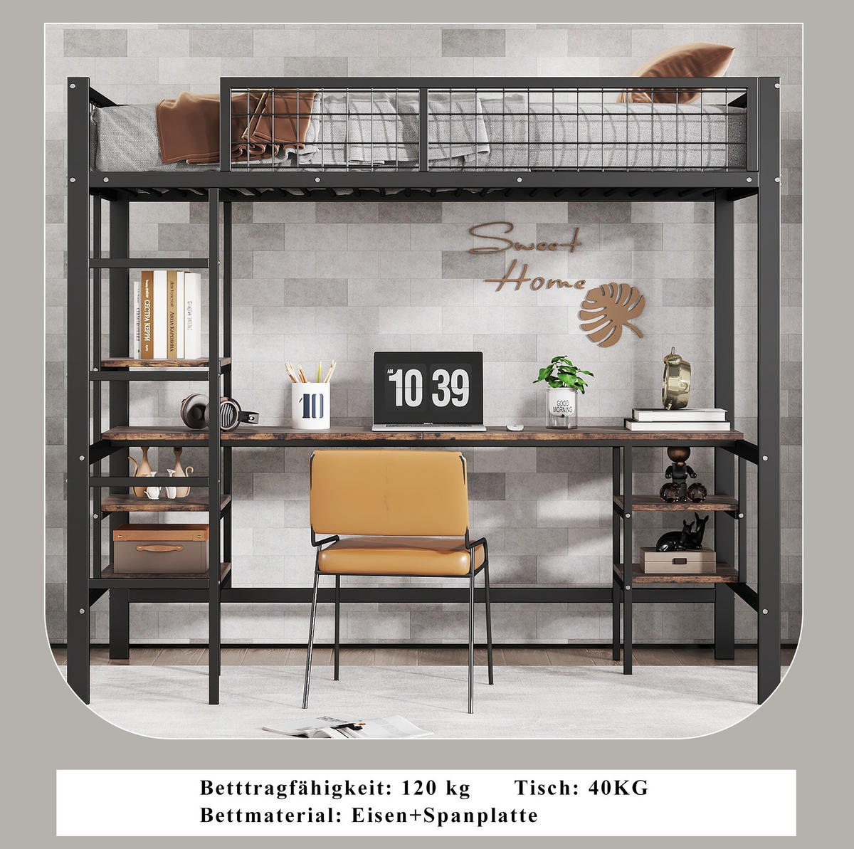 ETAGENBETT aus Metall und Spanplatte 90x200 cm Schwarz mit Schreibtisch, Regalen und 4-stufiger Leiter - Schwarz, Metall (90/200cm) - Modfu