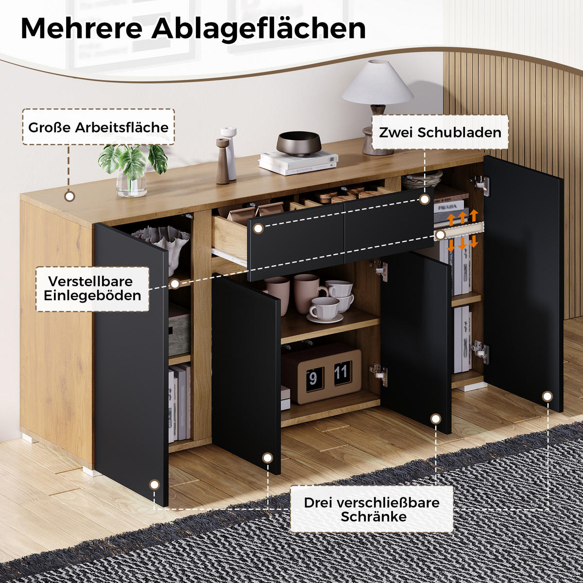SIDEBOARD 140/35/70 cm mit 4 Türen, 2 Schubladen und verstellbaren Einlegeböden in Schwarz-Holzoptik - Schwarz/Naturfarben, Holzwerkstoff (140/70/35cm) - CHICFURN