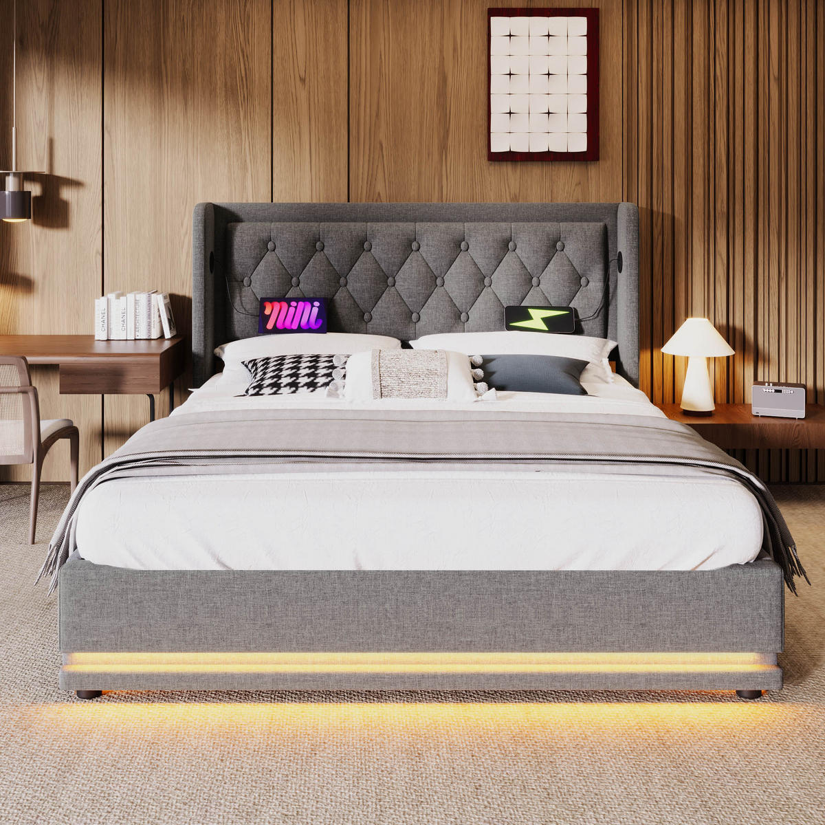 POLSTERBETT 160/200 cm Grau Baumwolle mit hydraulischem Stauraum und LED-Beleuchtung - Grau, Textil (160/200cm) - OKWISH