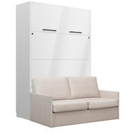 SCHRANKBETT Wandbett GN 140x200 weiß hochglanz mit LED & Sofa - Beige - Weiß Hochglanz/Beige, Holz/Holzwerkstoff (140/200cm) - QMM TraumMöbel