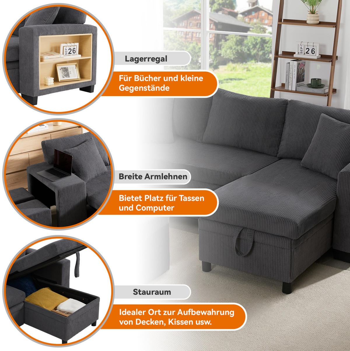 ECKSCHLAFSOFA Ecksofa Cord mit USB-Anschluss Stauraum und Ablagen Grau 231/131,5/84 cm - Grau, Textil (84/131.5cm) - Redom