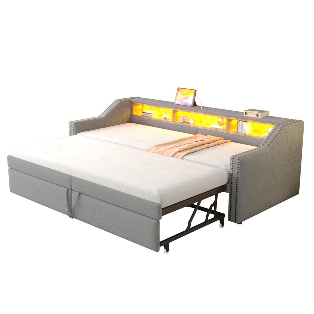 Redom ČALOUNĚNÁ postel 90/180 x 200 cm s výsuvným lůžkem, LED osvětlením, USB portem a úložnými přihrádkami, Světle šedá