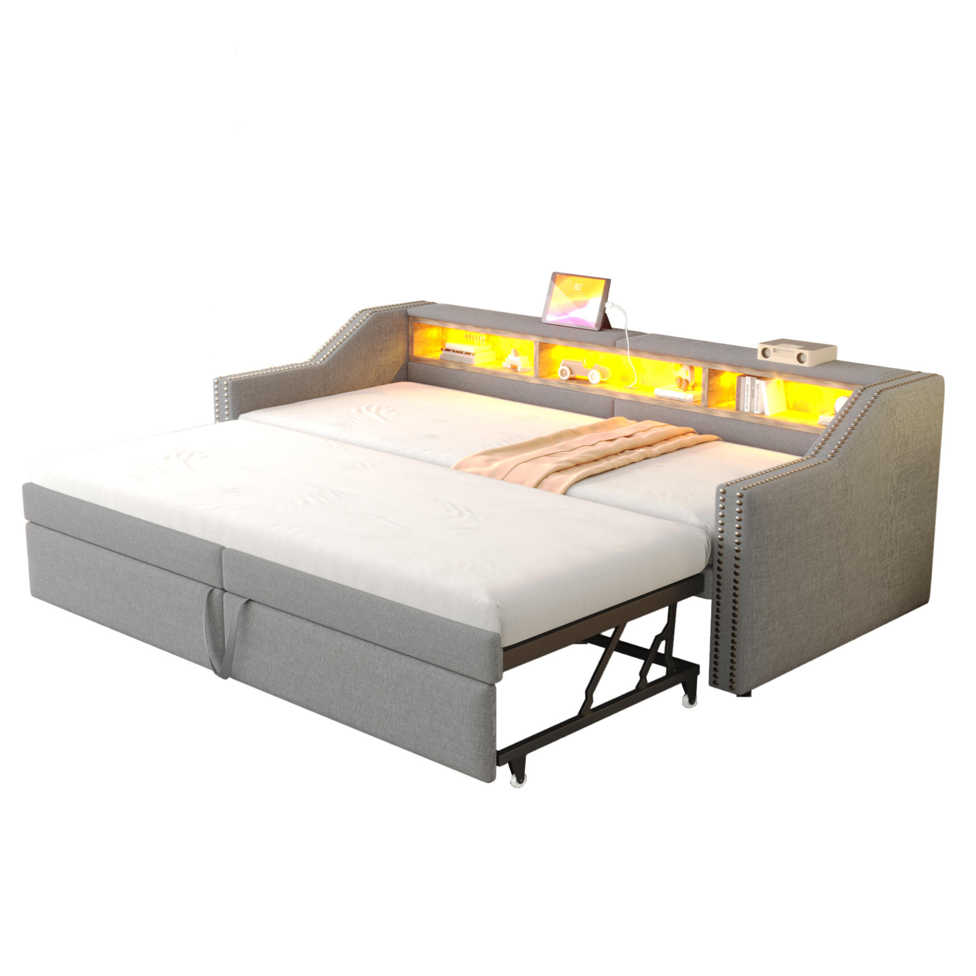 POLSTERBETT 90/200 cm ausziehbar mit LED, Matratze, USB, Ablagefächern und 2 Federkernmatratzen, Hellgrau - Hellgrau, Holzwerkstoff (90/200cm) - Redom