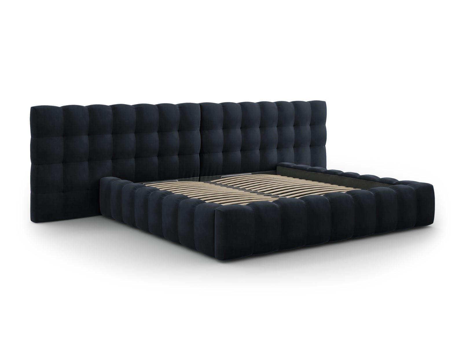 BETT mit Bettkasten und Doppelkopfteil Mamaia aus Samt dunkelblau 200x200cm - Dunkelblau, Textil (200/200cm) - Micadoni