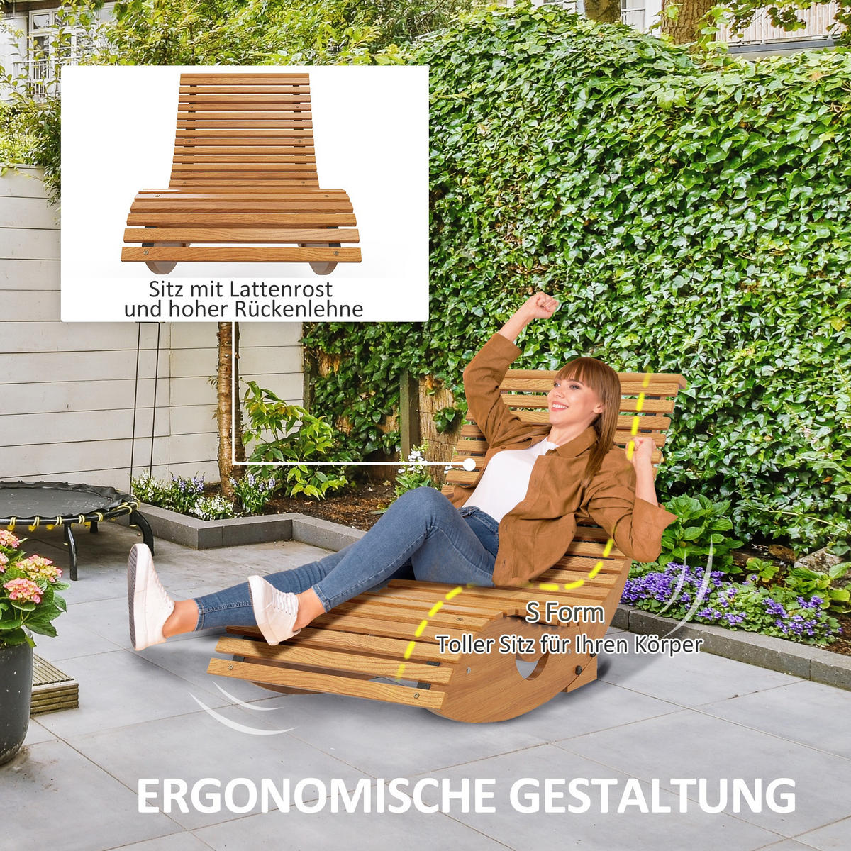 SCHAUKELSTUHL aus Holz, Ergonomisch, Kippschutz, für Balkon, Terrasse, Teak - Teakfarben, Holz (60/60/130cm) - Outsunny