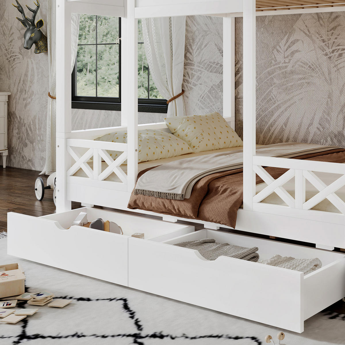 ETAGENBETT 90/200 cm und 140/200 cm Weiß mit Schubladen und Spielhaus-Dach - Weiß, Holzwerkstoff (90/200cm) - OKWISH