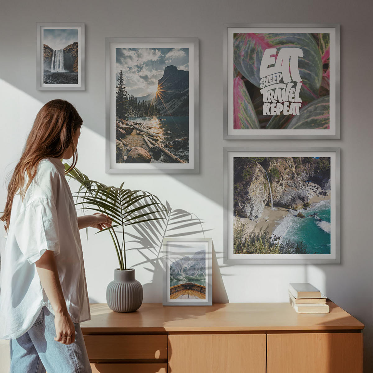 WANDBILDER 5er Set - 50x50 cm & 20x30 cm & 40x60 cm Silberner Rahmen - Wasserfall Bergreise Natur - Silberfarben, Kunststoff (40/60cm) - ArtPrintCave