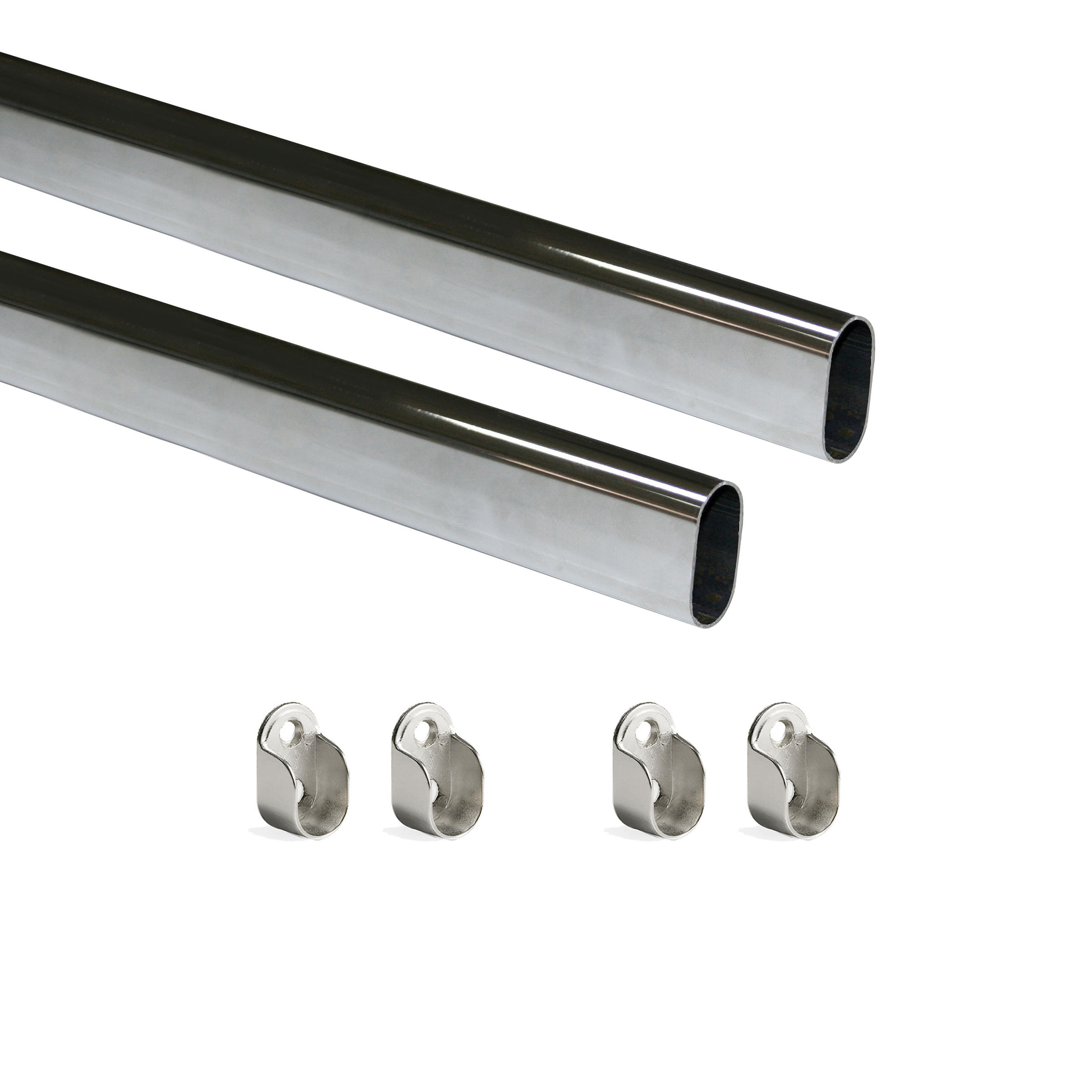 KORPUSSCHIENEN Ovale, 30x15mm, Länge 0,75m mit Halterungen, Stahl und Zamak, Verchromt 2er-set - Chromfarben, Metall (75cm) - EMUCA