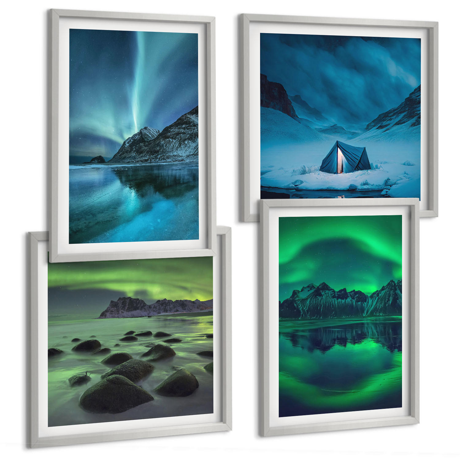 BILDER SET 4er Set - 50x50 cm & 40x60 cm Silberner Rahmen - Winterlandschaft mit Nordlichtern - Silberfarben, Kunststoff (50/50cm) - TULUP