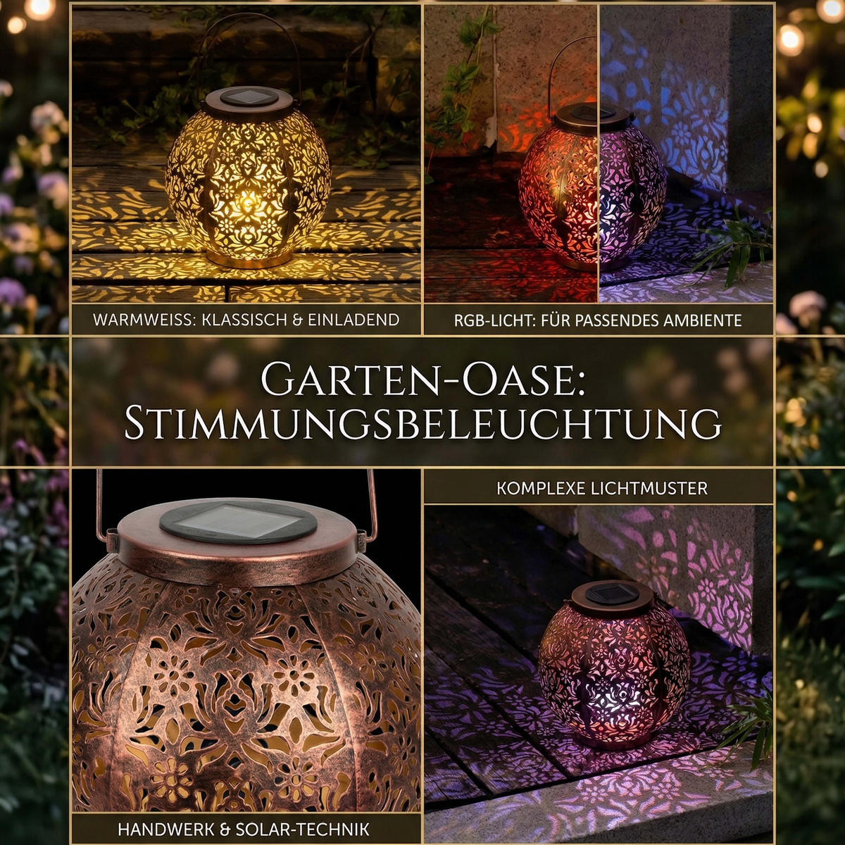 LED-SOLAR-LATERNE Marrakesh Rund Metall Kupfer-Finish Warmweiß RGB Dämmerungs-Sensor IP44 2er-Set - Kupferfarben, Metall (22.5/22.5/22.5cm) - Northpoint