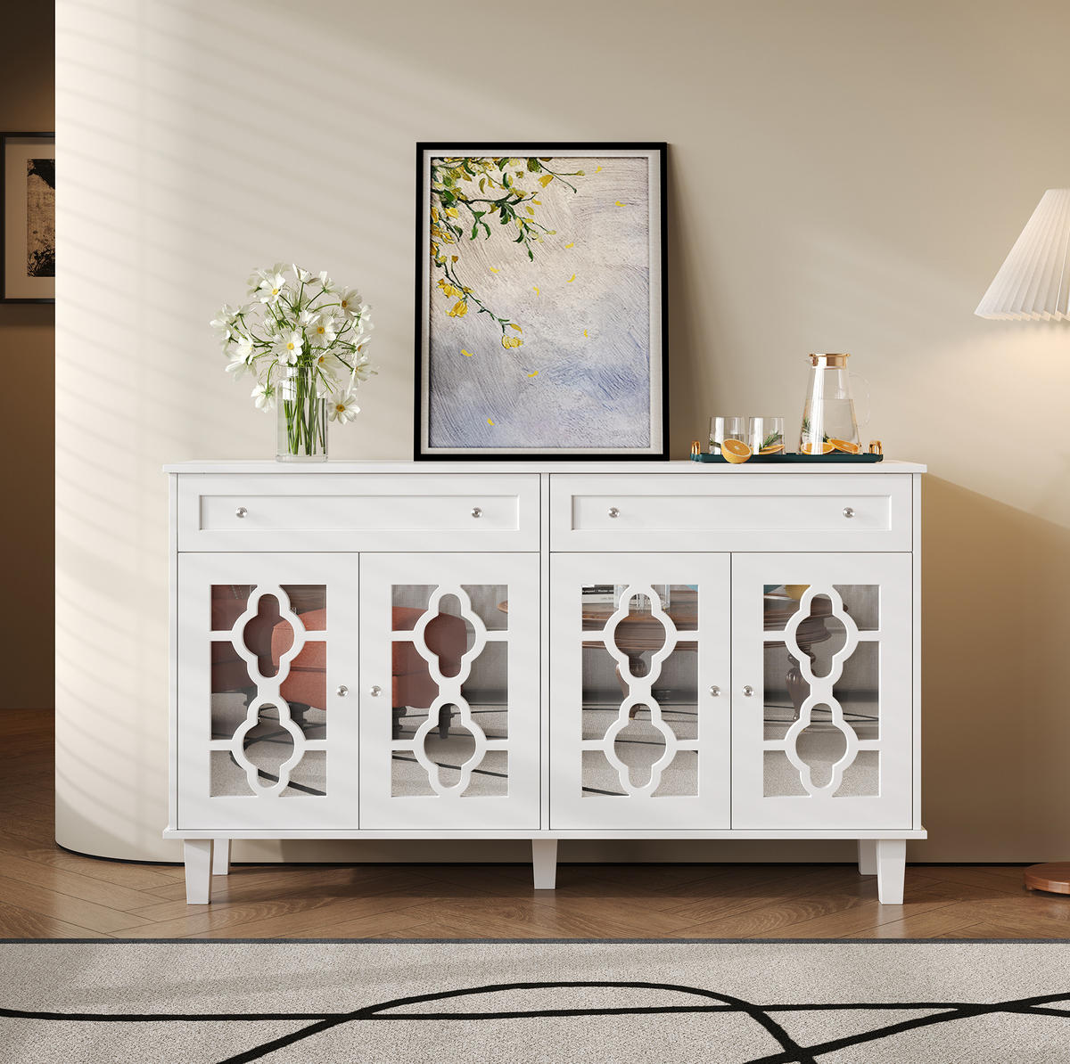 SIDEBOARD 140/40/83 cm, 4 Spiegeltüren, 2 Schubladen, MDF weiß, mit kristallförmigen Griffen, Weiß - Weiß, Holzwerkstoff (140/83/40cm) - Redom
