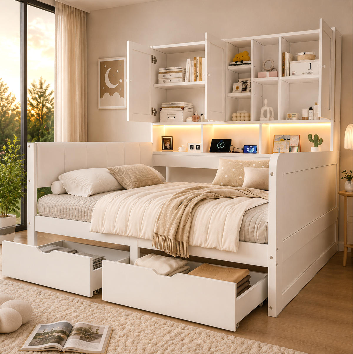 KINDERBETT aus MDF 140x200 cm Weiß mit LED-Beleuchtung, USB-Anschluss, Stauraum und PU-Kopfteil - Weiß, Holzwerkstoff (140/200cm) - Modfu