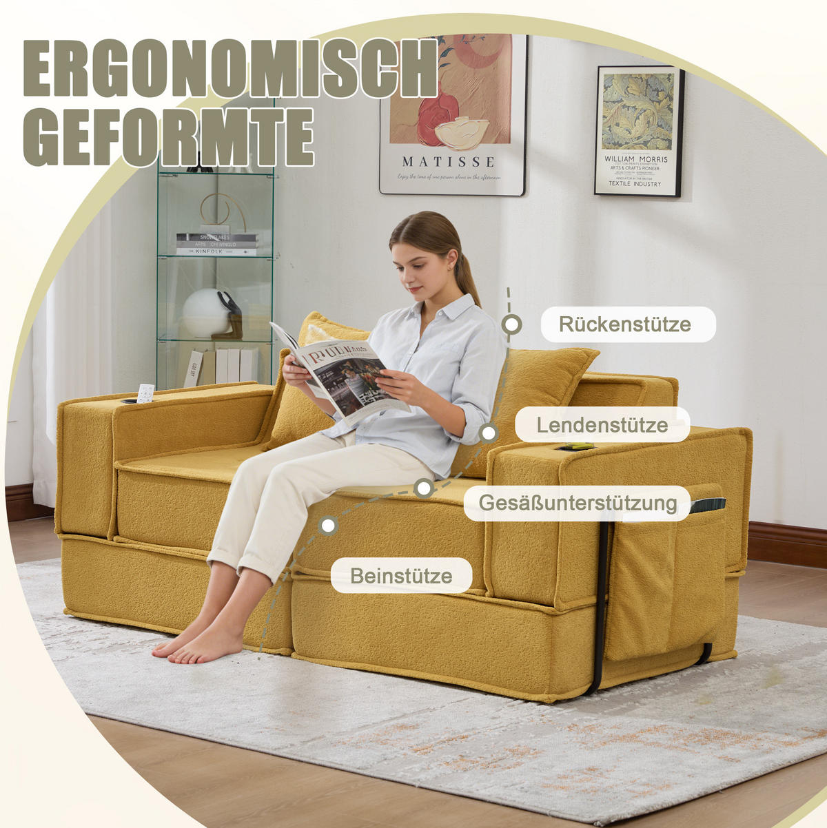2-SITZER-SOFA 162/78/66 cm mit 2 Kissen, Seitentaschen und modularer Chenille-Polsterung, Senfgelb - Gelb, Textil (162/66/78cm) - Redom