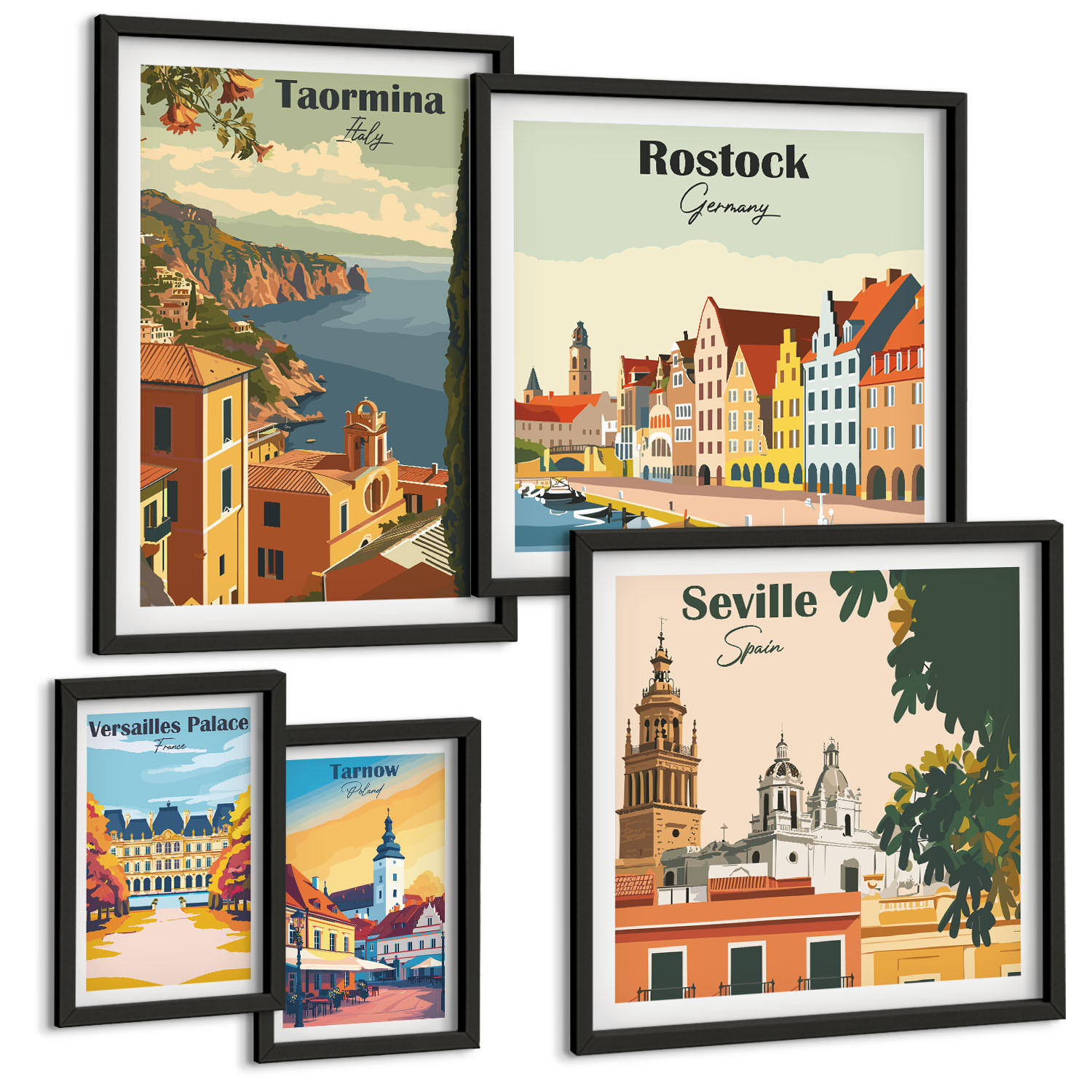BILDER SET 5er Set - 50x50 cm & 20x30 cm & 40x60 cm Schwarzer Rahmen - Retro-Stadtgrafiken - Schwarz, Kunststoff (40/60cm) - TULUP