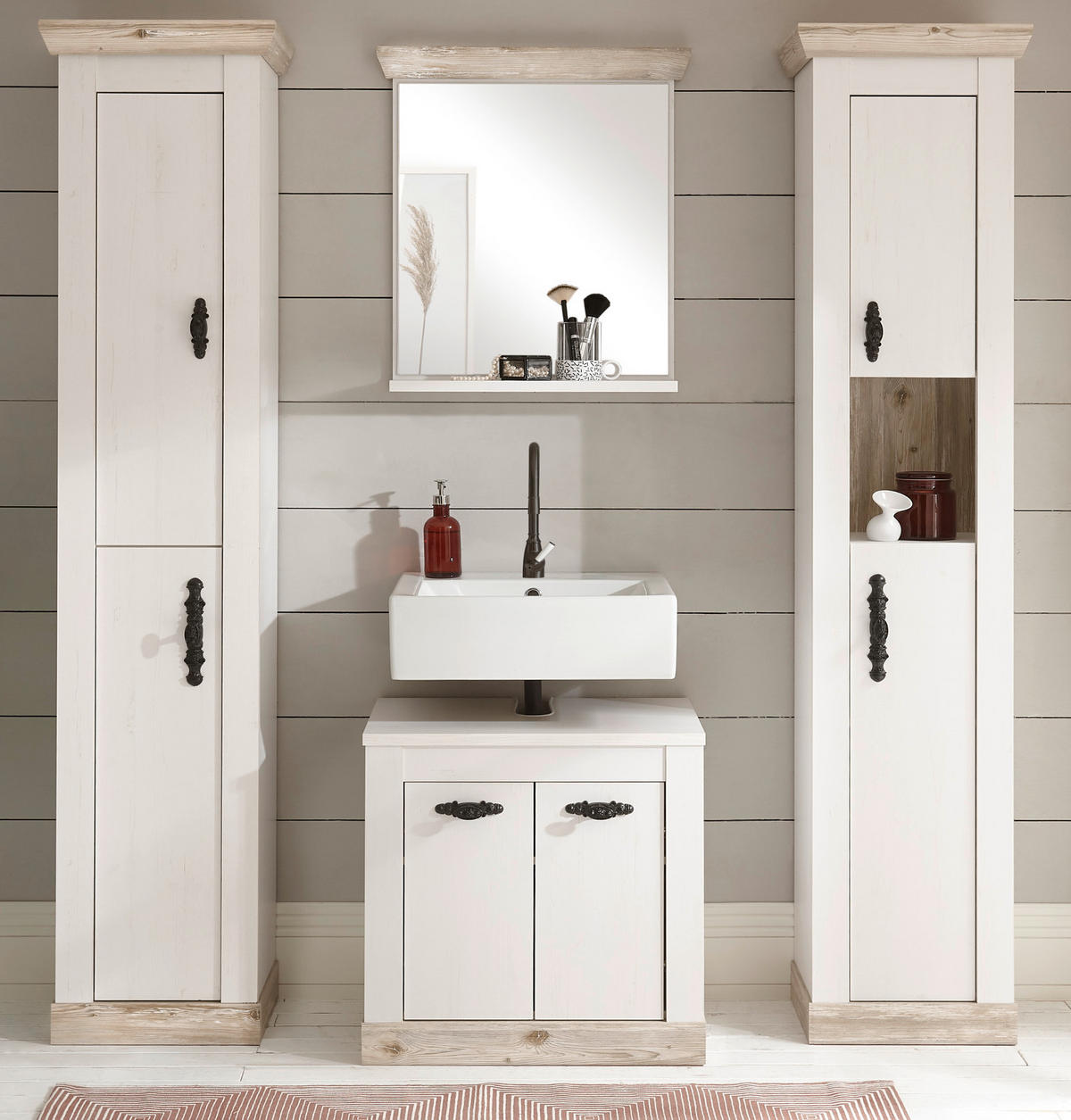 BADKOMBINATION Pinie weiß, Oslo Pinie Landhaus, Badmöbel Set 4-tlg., 184 x 200 cm - Dunkelgrau/Weiß, Holzwerkstoff/Metall (184/200/46cm) - Furn.Design