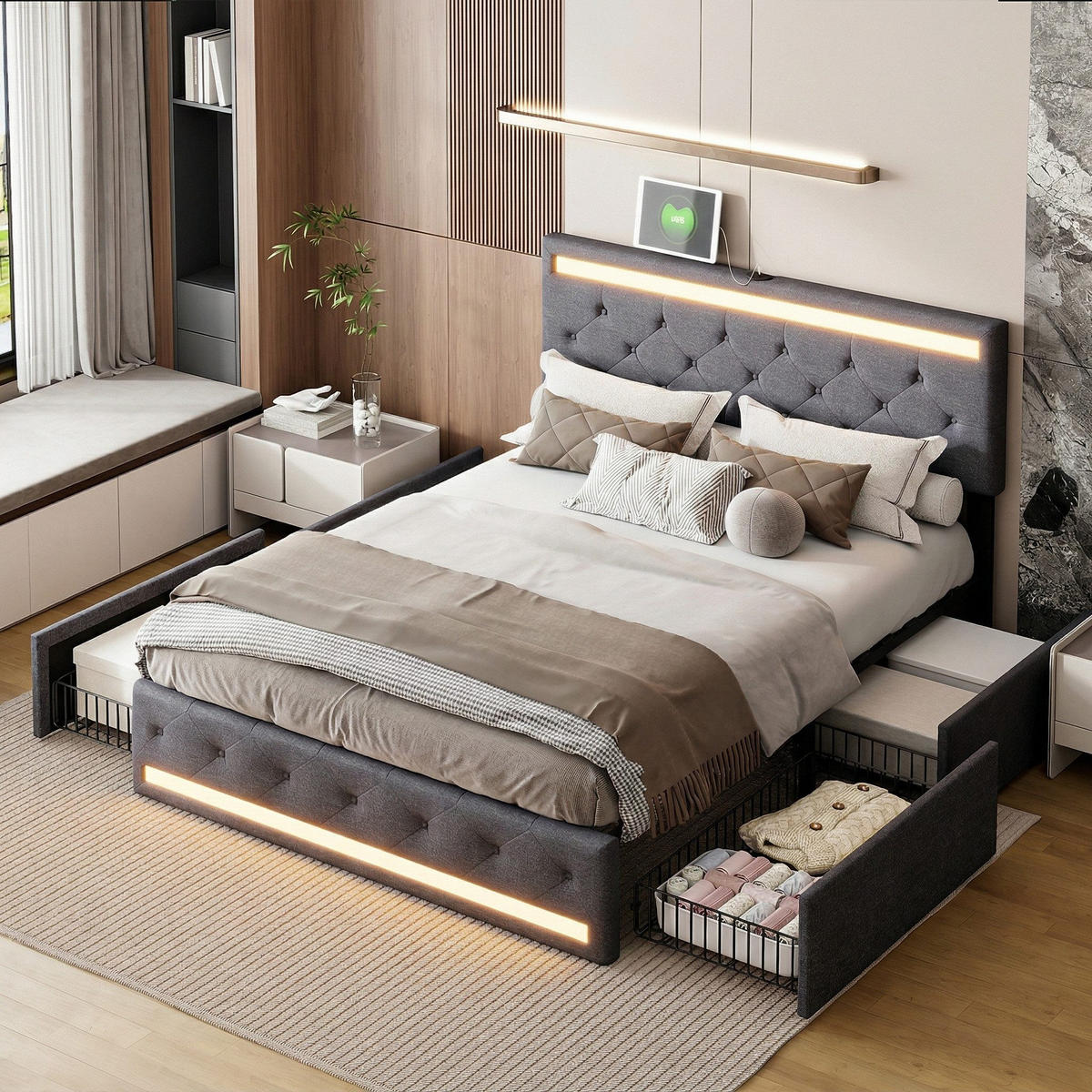 DOPPELBETT 160x200cm grau leinen led usb typ-c schubladen - Grau, Metall - SHOPENTRA