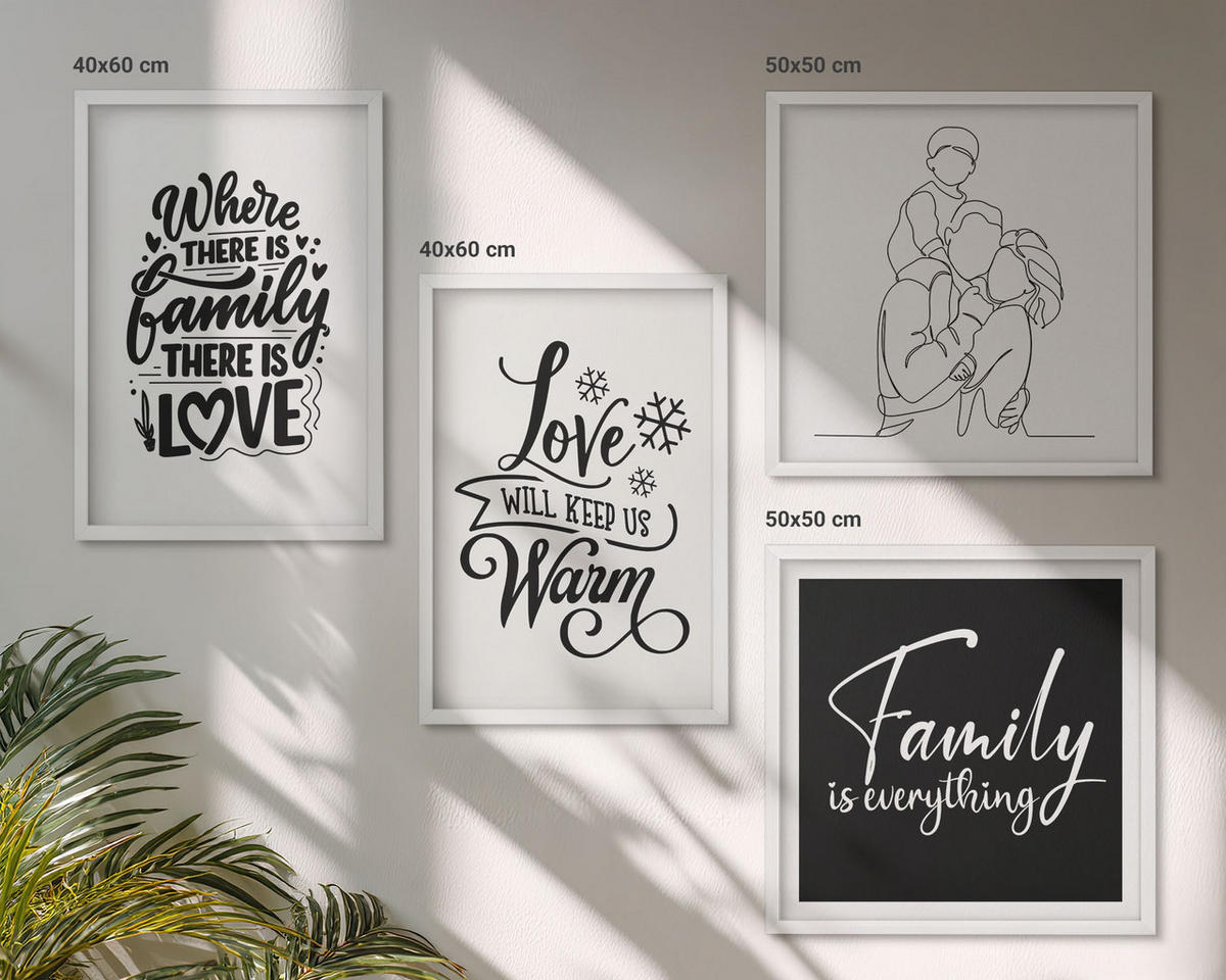 WANDBILDER 4er-Set - 50x50 cm & 40x60 cm Weißer Rahmen - Familie, Liebe, Wärme, Zuhause - Weiß, Kunststoff (50/50cm) - ArtPrintCave