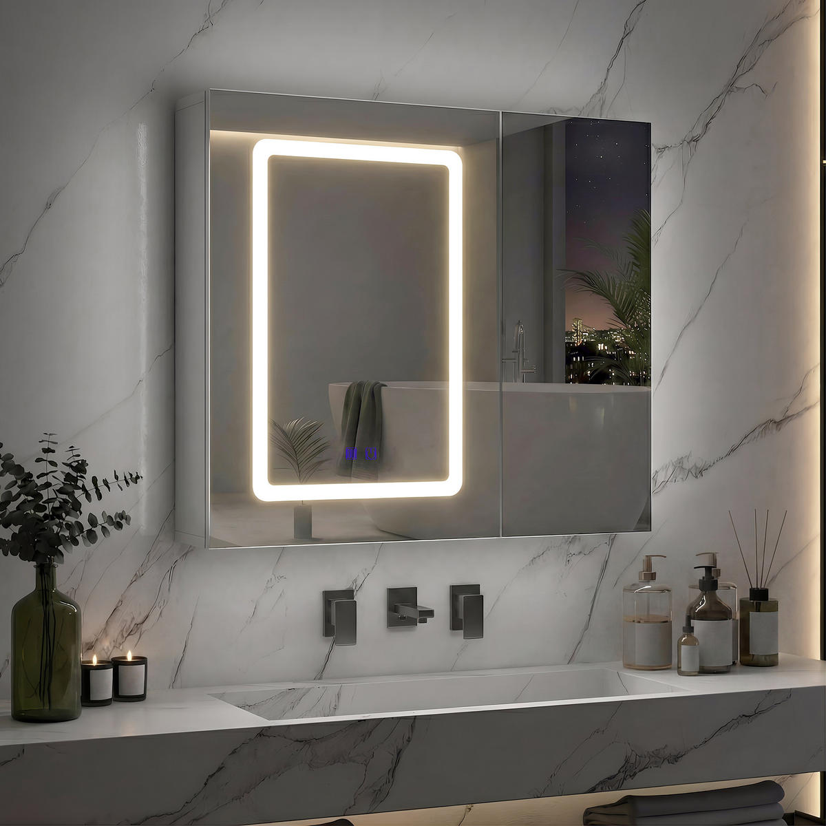 SPIEGELSCHRANK 2-türig LED mit Antibeschlag Doppelspiegel Badschrank 70cm - Weiß, Glas (70/60/13.5cm)