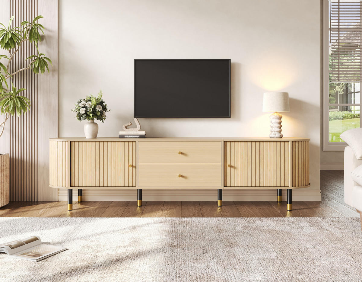 TV-ELEMENT180X40X58CM mit Schiebetüren und Schubladen in Naturfarbenholzoptik - Naturfarben, Holz (46.51/18.01/75.79cm) - Raelunyi
