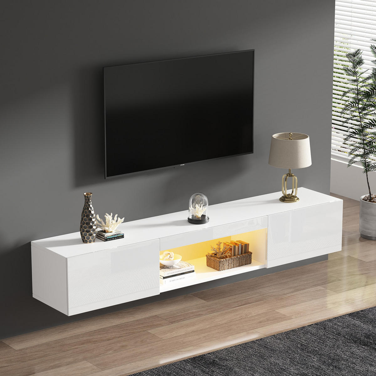 TV-SCHRANK 160x31cm wandmontierbar Hochglanzweiß LED bis 70 Zoll 30KG - Weiß, Holz (39.5/13/170.5cm) - FLIEKS