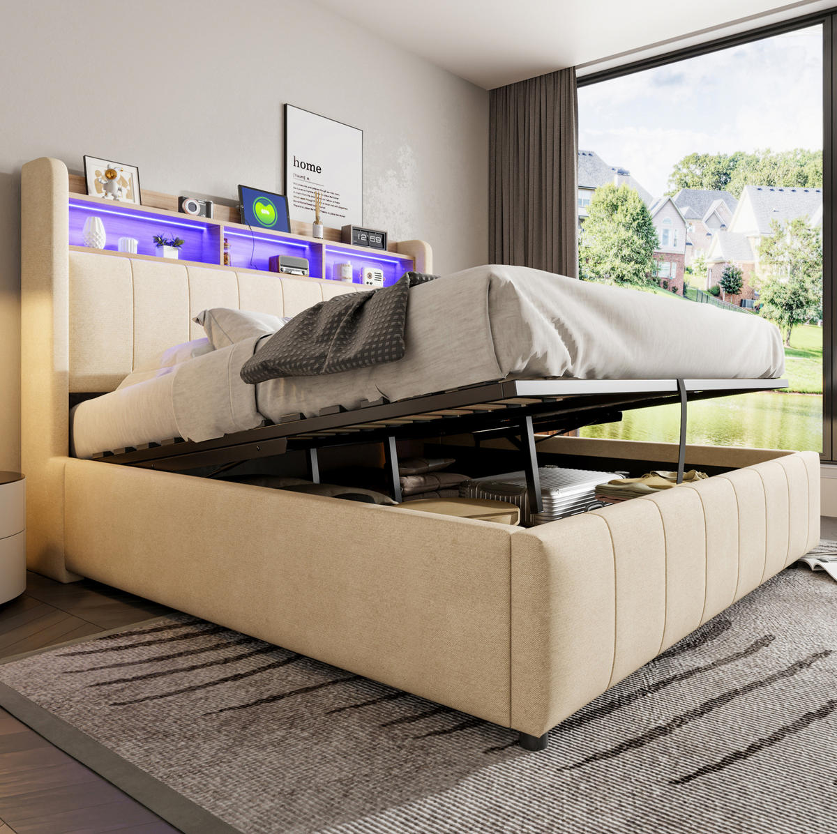 ČALÚNENÁ posteľ z ľanovej tkaniny 160x200 cm béžová s LED osvetlením, USB a úložným priestorom - béžová, textil (160/200cm) - Modfu