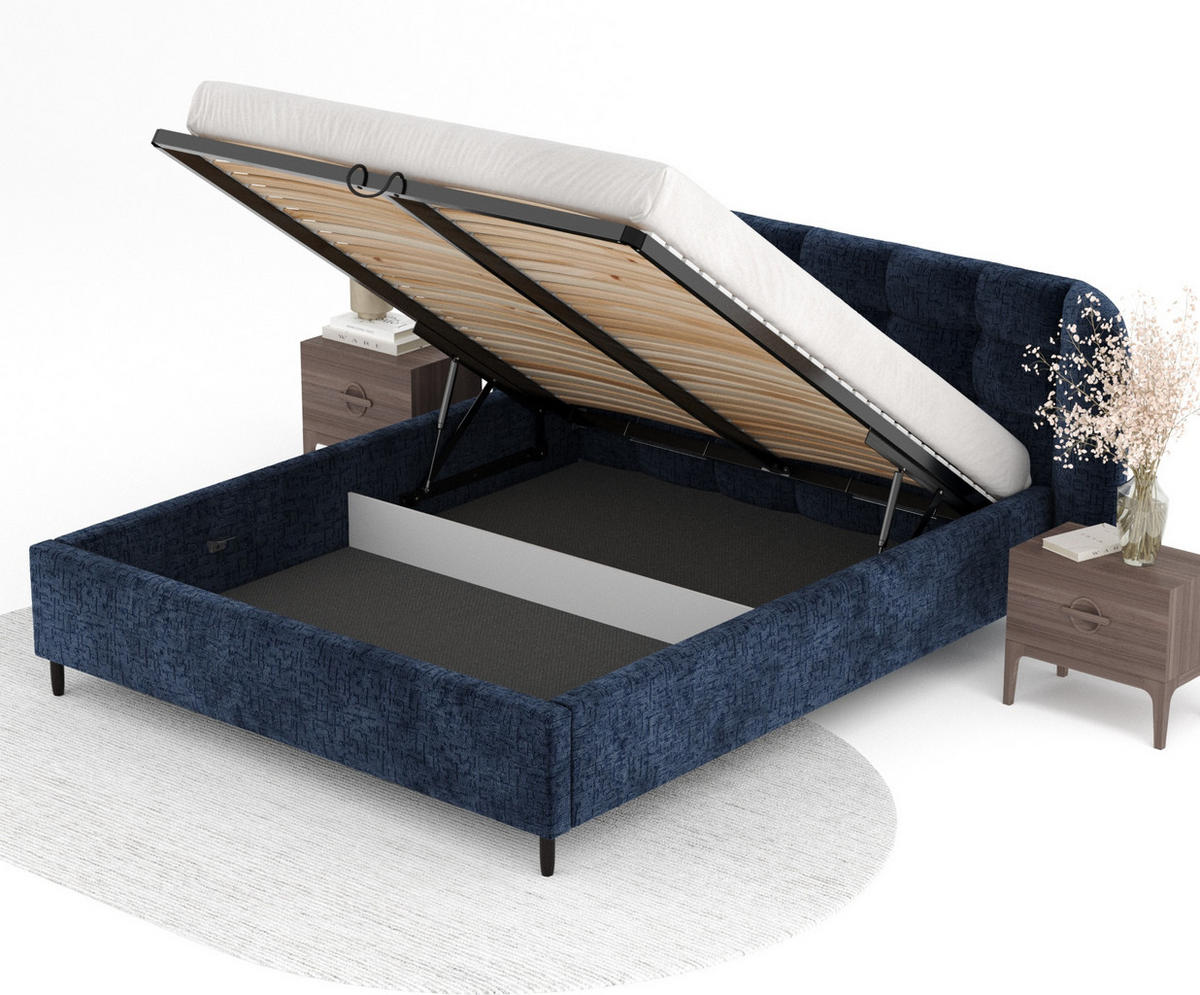 POLSTERBETT Nuno Marineblau 180/200 cm im Chenille-Stoff - Schwarz/Naturfarben, Holz/Holzwerkstoff (180/200cm) - Maison de Reve