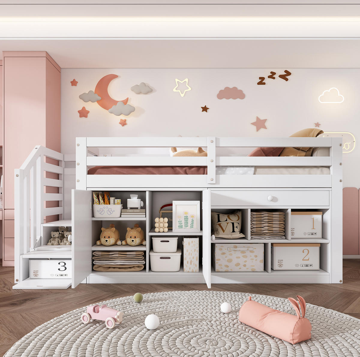 KINDERBETT 90/200 cm aus Massivholz mit Stauraum und ausklappbarem Schreibtisch - Weiß, Holz (90/200cm) - Flora Grace