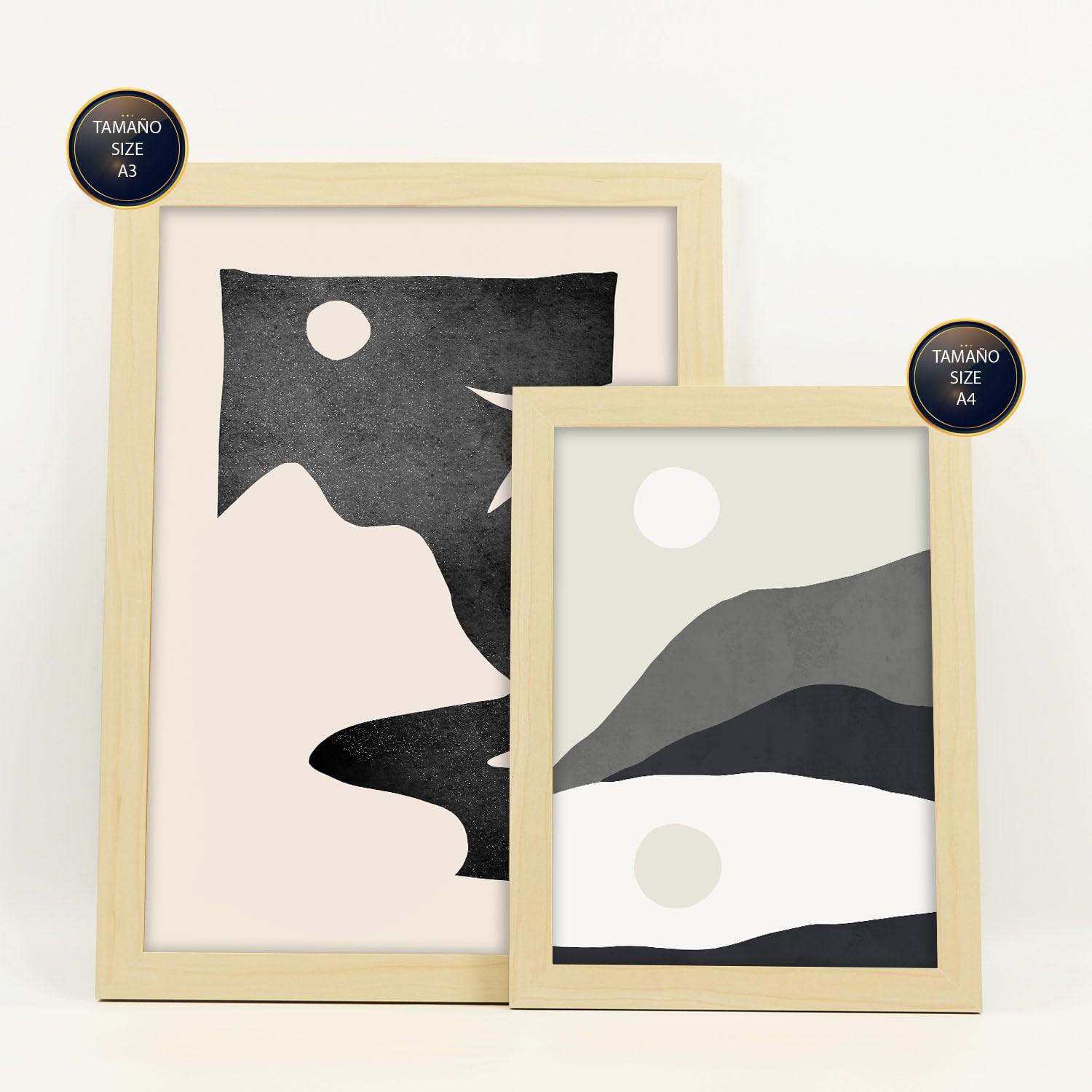 POSTER Set Mit 6 Mitternachtsmond In Kulissen Abstracts Ästhetische Dekorative Gemälde Für Ihr Wohnzimmer Zuhause A3 & A4 Rahmen Aus Hellem Holz - Beige, Papier (29/3cm) - Nacnic