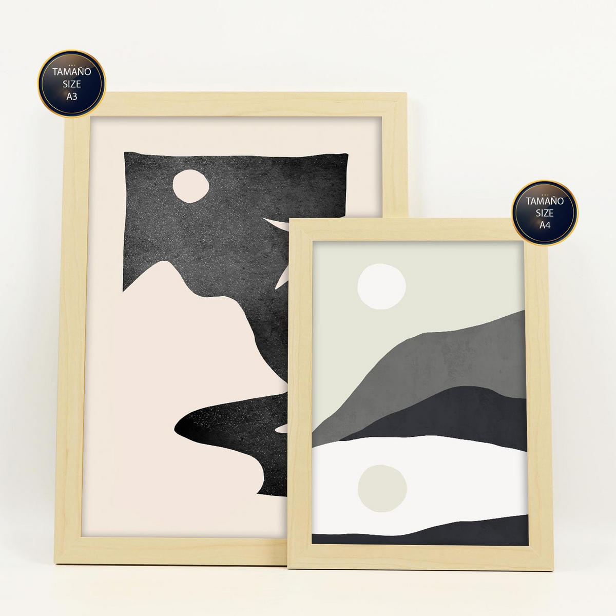 POSTER Set Mit 6 Mitternachtsmond In Kulissen Abstracts Ästhetische Dekorative Gemälde Für Ihr Wohnzimmer Zuhause A3 & A4 Rahmen Aus Hellem Holz - Beige, Papier (29/3cm) - Nacnic