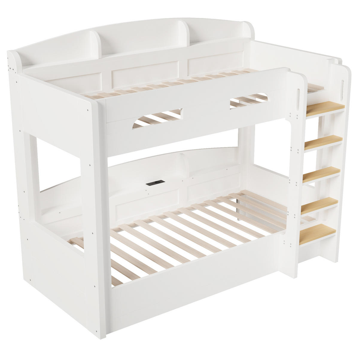 HOCHBETT 90/200 cm in Weiß mit Unterbett, USB-Steckdose und Ablagefächern aus Massivholz und MDF - Weiß, Holzwerkstoff (90/200cm) - STILVORA