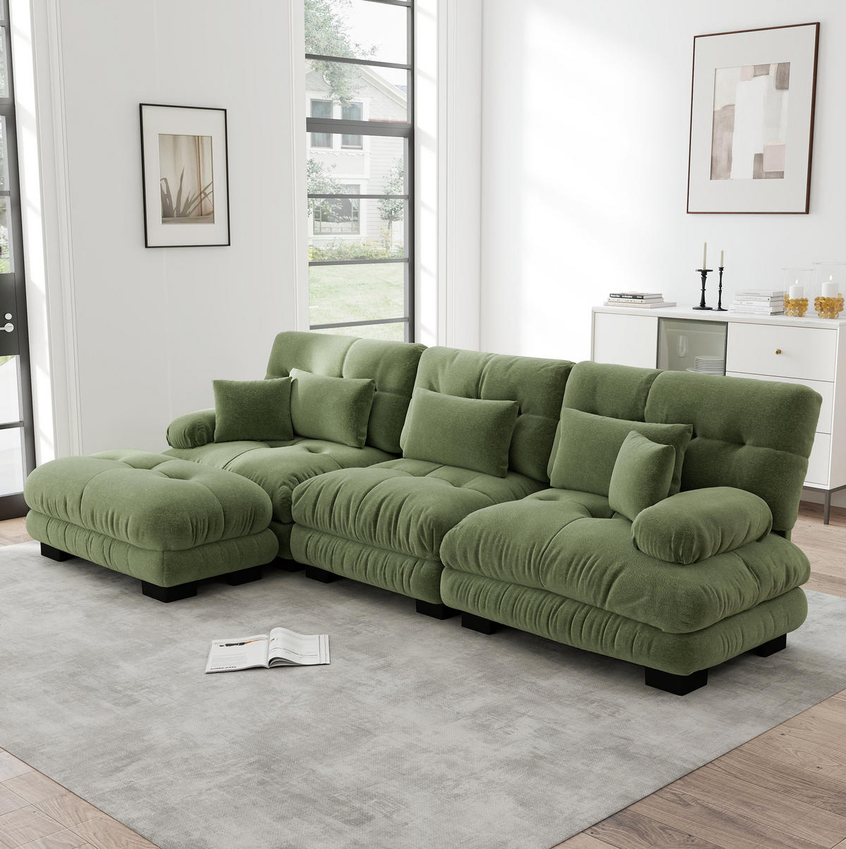ECKSOFA aus Chenille 145x313x81 cm in Grün mit passender Ottomane - Grün, Textil (145/313cm) - Modfu
