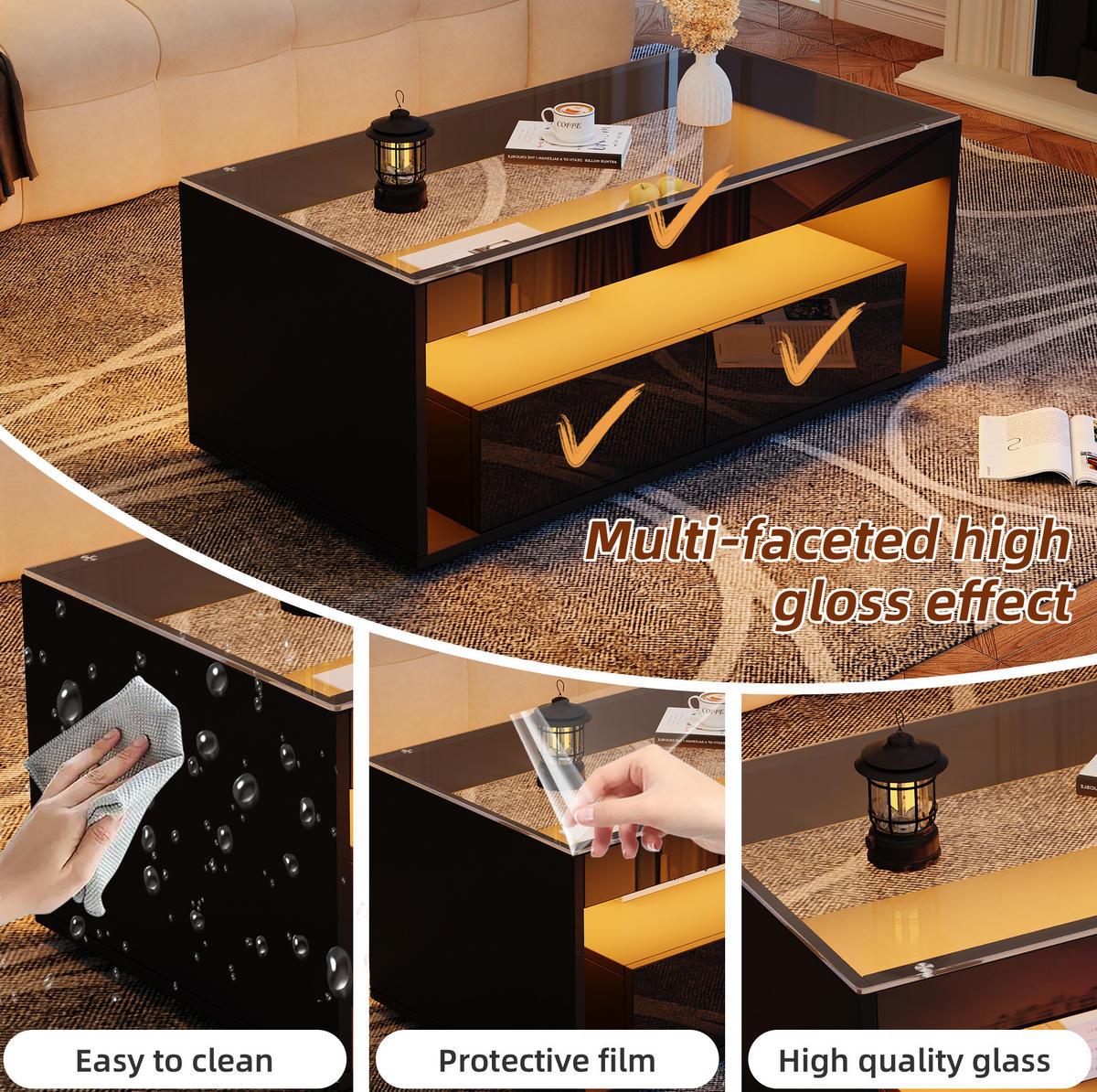 COUCHTISCH 100/50/40 cm schwarz aus Spanplatte und Glas mit LED-Licht - Schwarz, Holzwerkstoff (110/50/40cm) - OKMYHOME