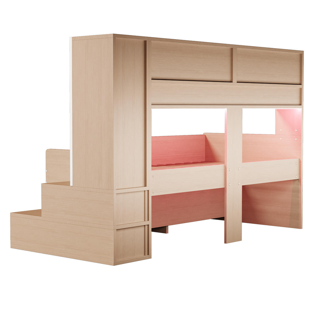 KINDEREINZELBETTEN aus MDF 90x200 cm in Naturholz mit LED-Beleuchtung & Stauraum - Naturfarben, Holzwerkstoff (90/200cm) - Modfu