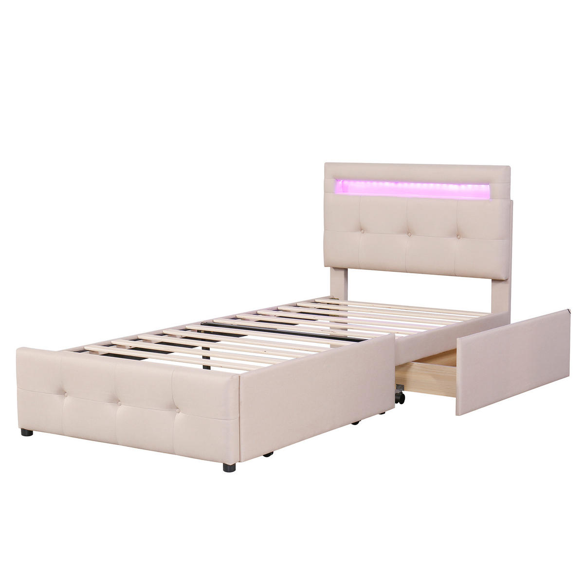 POLSTERBETT mit LED-Beleuchtung 90/200 cm in Beige mit 2 Schubladen - Beige, Holzwerkstoff (90/200cm) - BEAOK