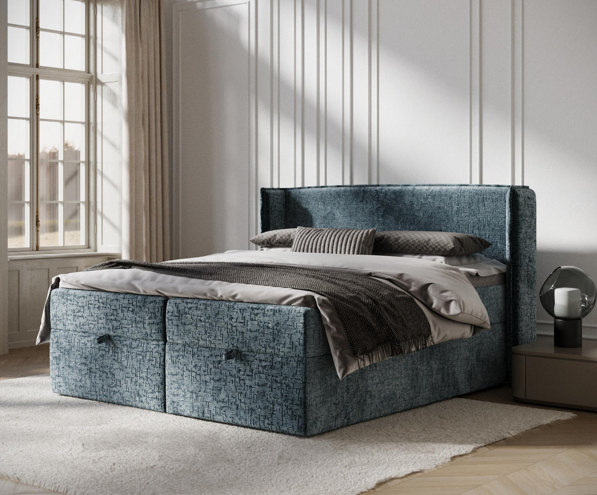 BOXBETT Passion Blau Grau 180/200 cm mit Matratze und Topper - Blaugrau/Schwarz, Holz/Holzwerkstoff (180/200cm) - Maison de Reve