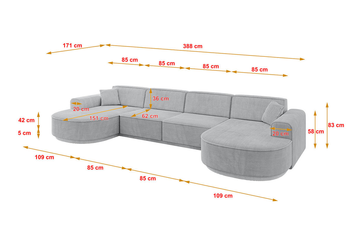 WOHNLANDSCHAFT MARI-U2-v3 - 388x171x83 cm Grau Cord - Schwarz/Grau, Holzwerkstoff/Kunststoff (388/83/171cm) - ALTDECOR