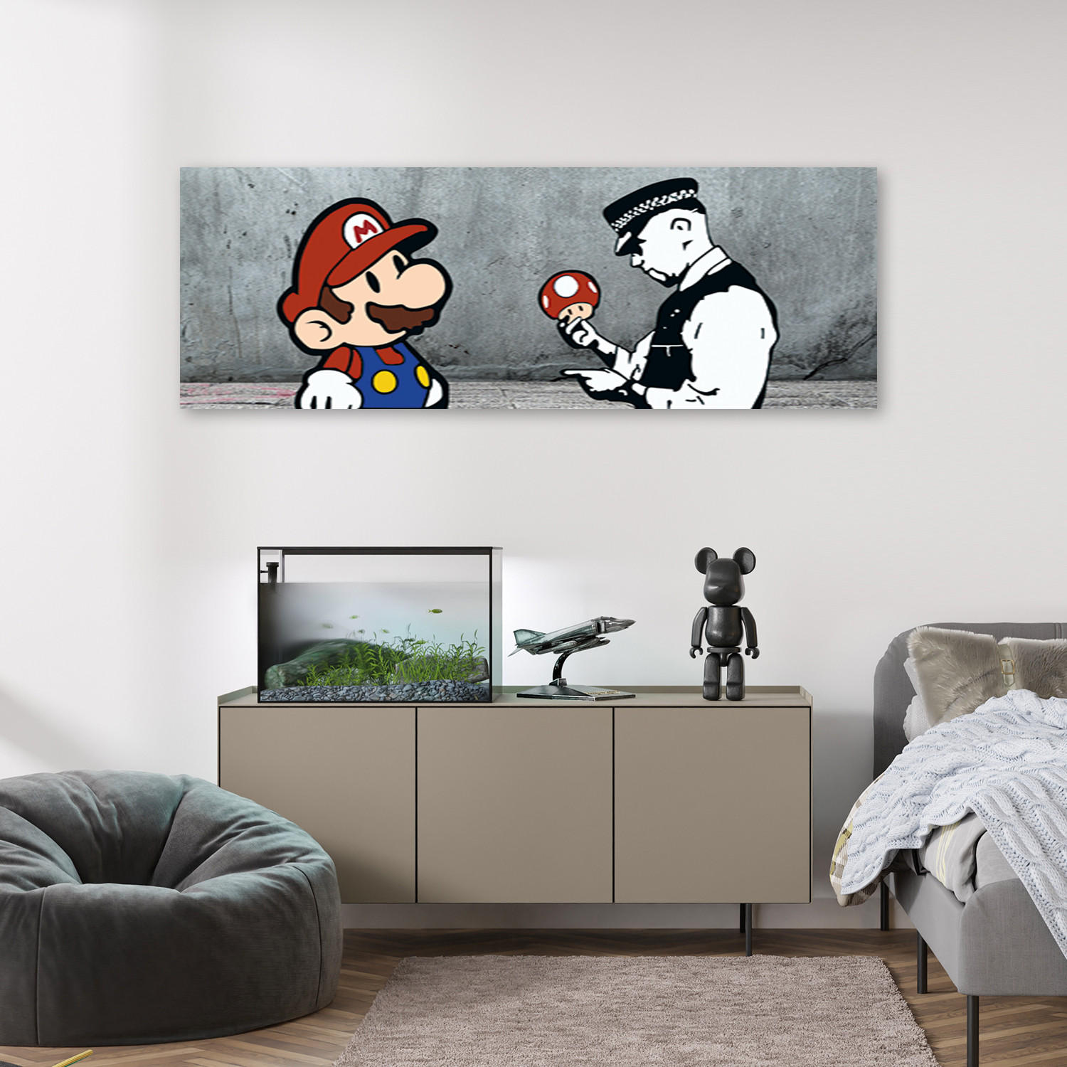 LEINWANDBILD, Banksy Mario und der Polizist 90x30cm - Grau, Textil (90/30cm) - Feeby