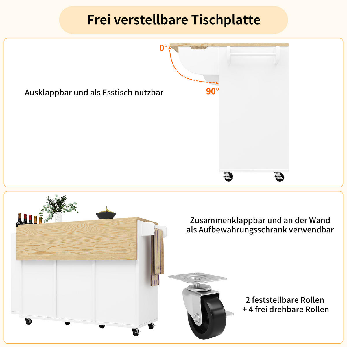 KÜCHENINSEL in Weiß Küchenwagen mit Holzmaserung, Rollen, Arbeitsplatte, Gewürzregal und Handtuchhalter, B110/T42/H90cm - Weiß, Holzwerkstoff/Metall (110/90/42cm) - STILVORA