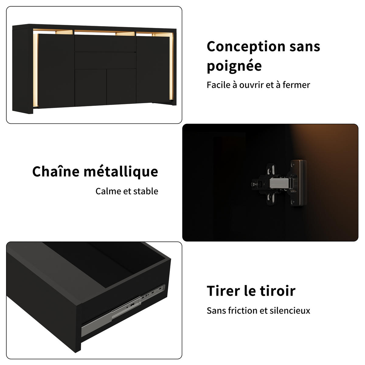 SIDEBOARD 160x35x75 cm 2 Schubladen 4 Türen LED schwarz - Schwarz, Holz (160/75/35cm) - Fortuna Lai