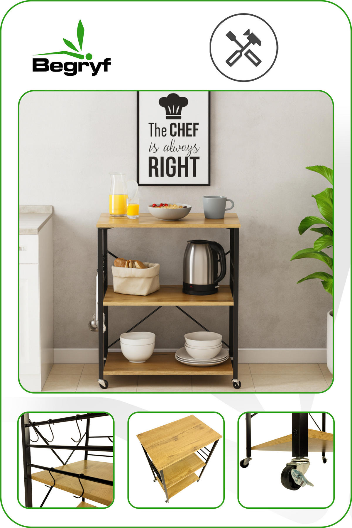 KÜCHENREGAL Holzoptik Metall Eichefarben Schwarz mit Rollen 60×40×90 cm - Eichefarben/Schwarz, Holzwerkstoff/Metall (60/90/40cm) - Begryf