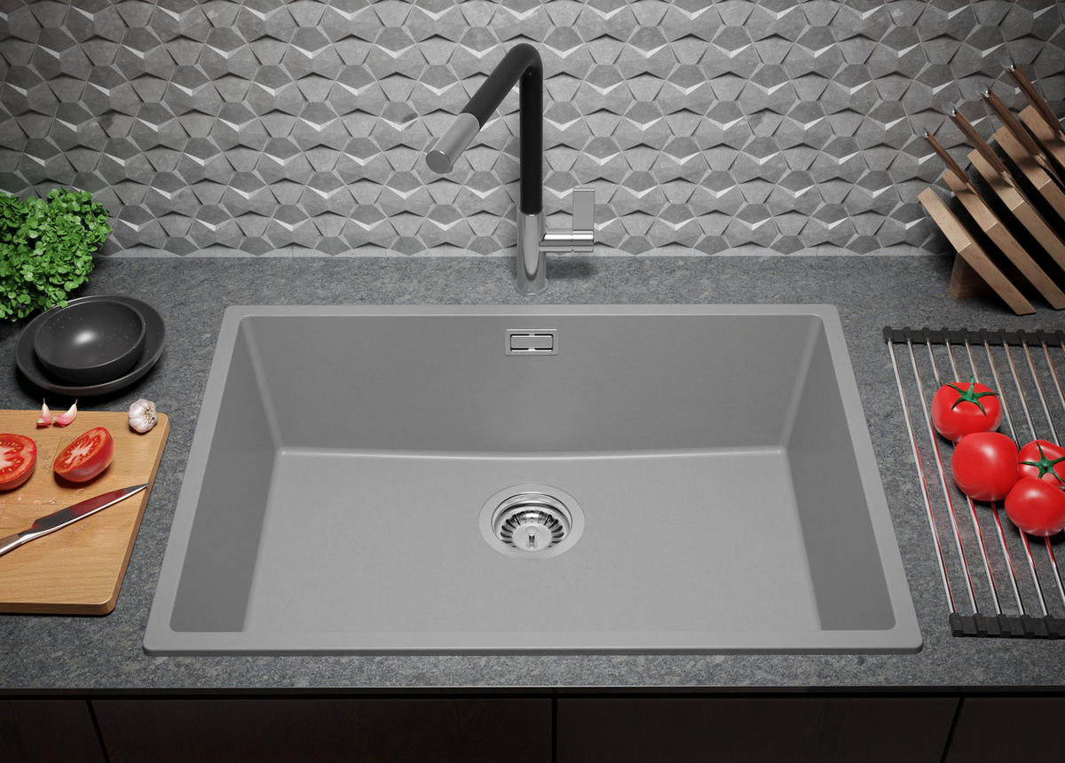 GRANITSPÜLE London Slim, 2-er set Grau 66/47 cm 1 Becken + Küchenarmatur 32/20 cm + Ablauf-Set ab 70er Unterschrank - Chromfarben/Grau, Kunststoff (66/20/47cm) - Primagran