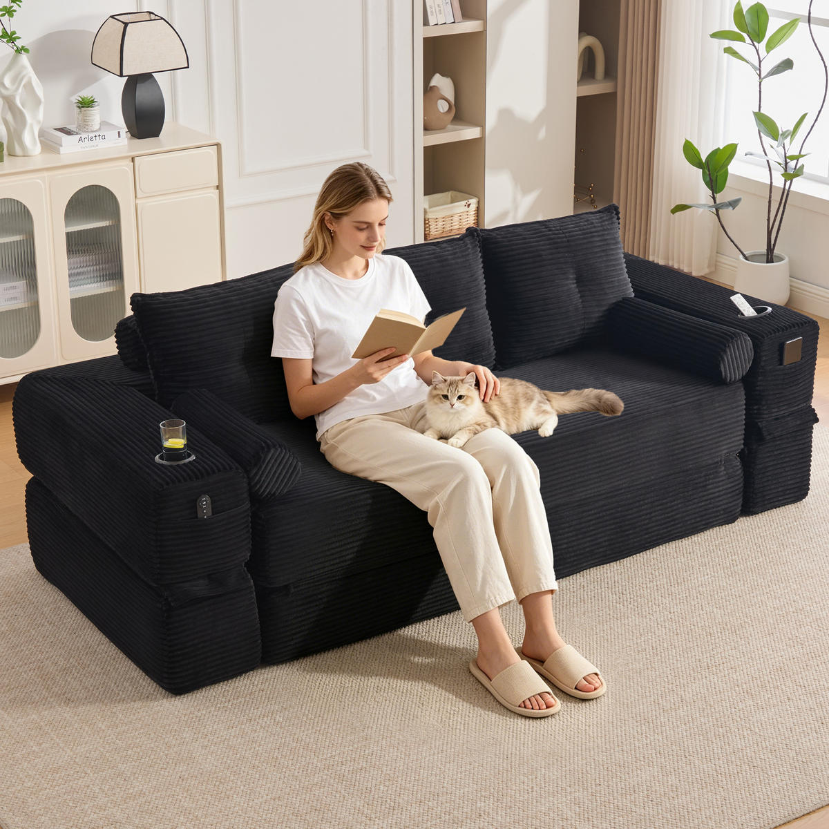 SCHLAFSOFA, 2-in-1 Klappsofa mit Getränkehalter, Modulares Bodensofa Cordstoff, Schwarz - Schwarz, Textil (232/80/98cm) - LVHOM