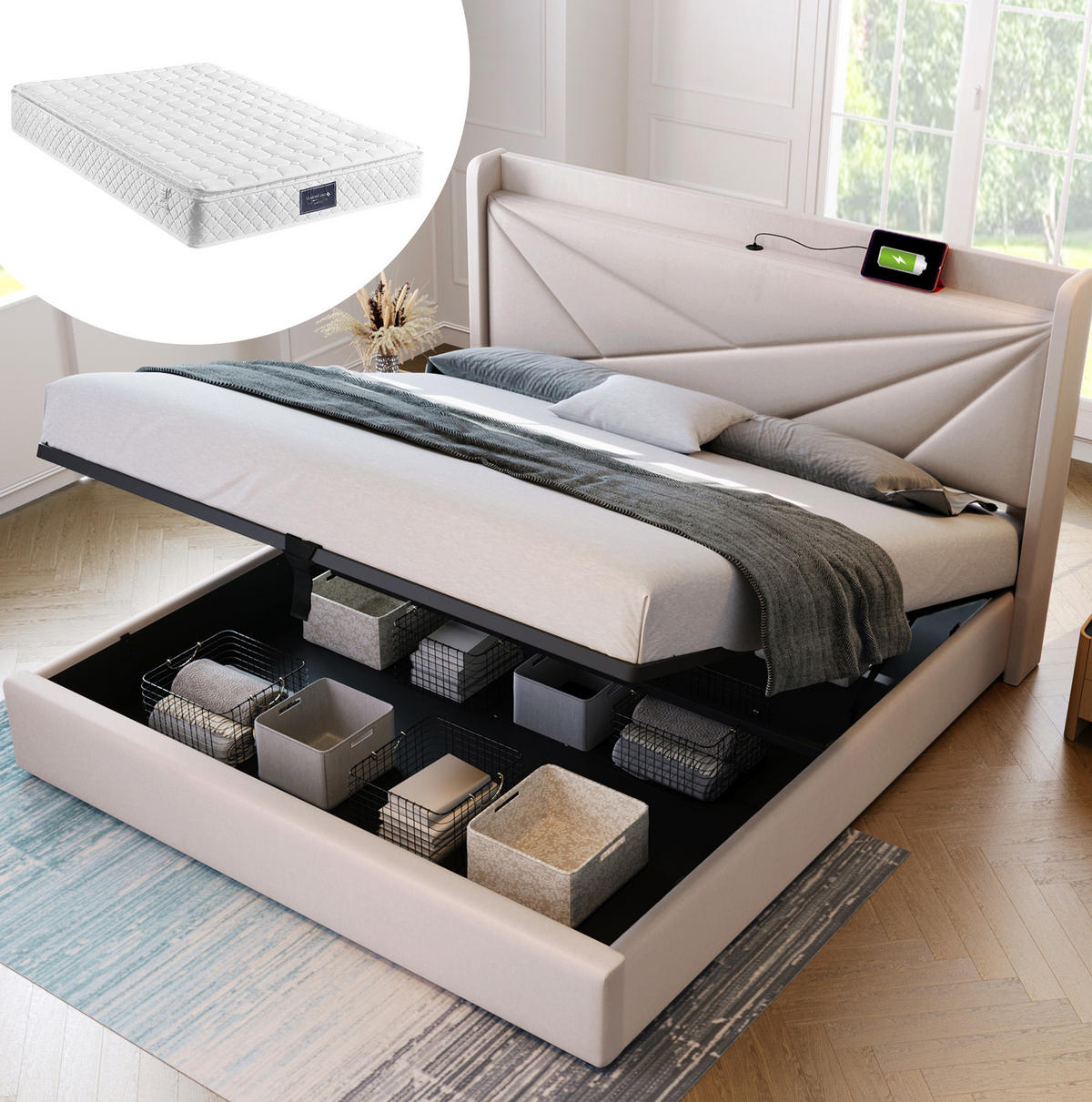 BETT mit Bettkasten und USB 140x200 cm Beige mit Matratze - Beige, Metall (140/200cm) - Meubliv