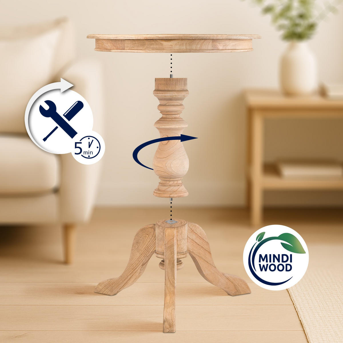 BEISTELLTISCH rund 50 cm Holz Natura - Eukalyptusholzfarben, Holz (50/50/64cm) - CLP