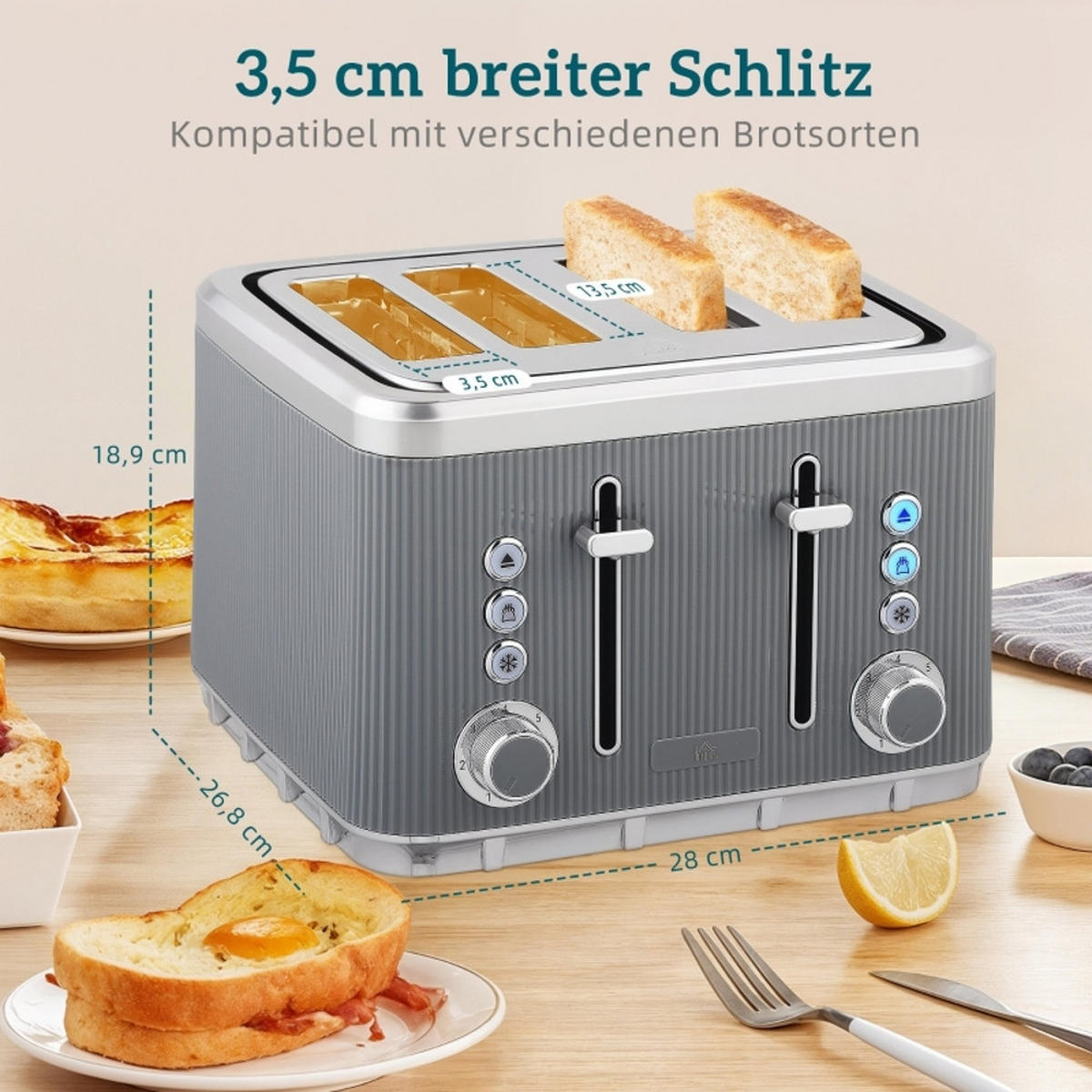 WASSERKOCHER-TOASTER Set und 4 Scheiben Toaster, Grau, 21,2/15,5/25,5 cm - Grau, Kunststoff (15.5/25.5/21.2cm) - Rolipo