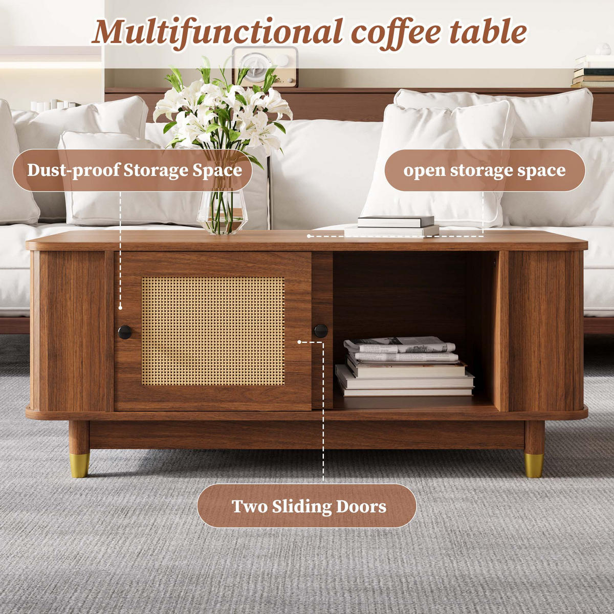 COUCHTISCH Nussbaum 100/50/42 cm mit Rattandetails - Walnussfarben, Holzwerkstoff (50/100/42cm) - PANGIVO