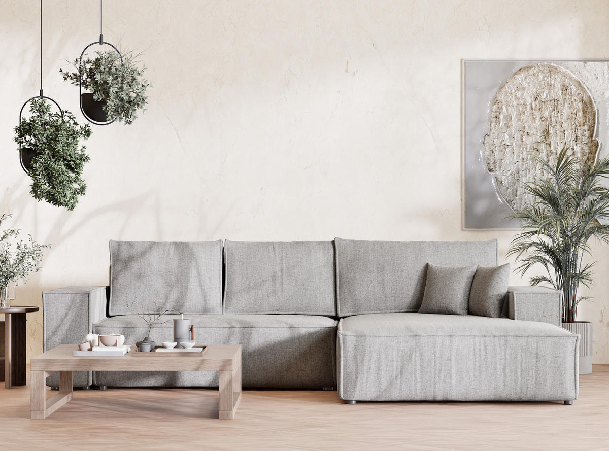 ECKSOFA Maze Beige grau Webstoff - Rechts Seite - Greige/Schwarz, Holz/Holzwerkstoff (294/185cm) - Maison de Reve