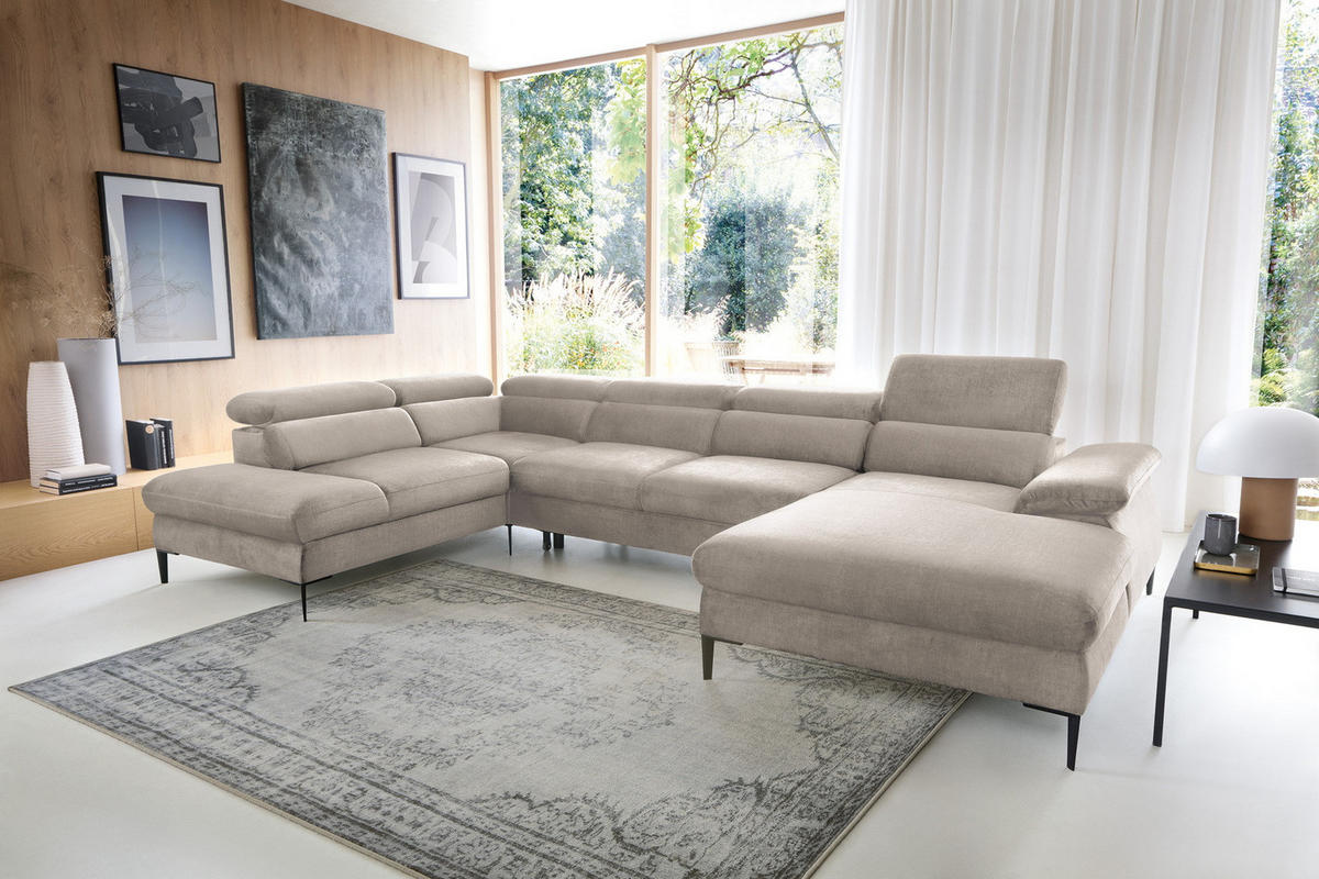 ECKSOFA U-Form 350 cm Amaro M mit Schlaffunktion, Rechts, Beige - Beige, Holz (353/214cm) - Emporius