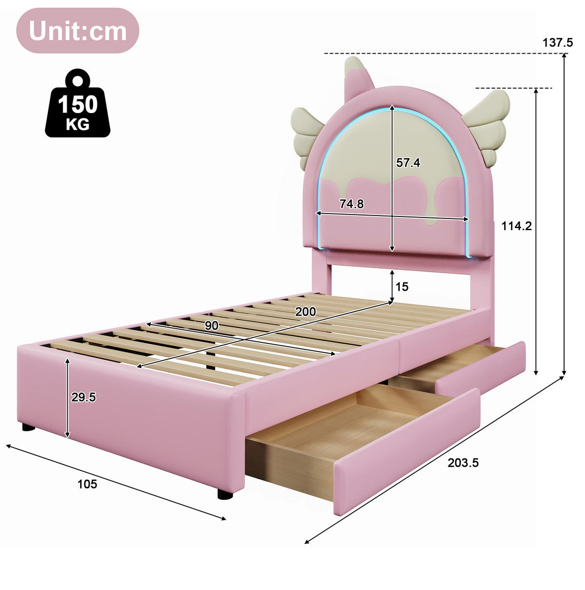 KINDERBETT aus PU und MDF 90x200 cm Rosa in Einhornform mit Leuchtleiste und 2 Schubladen - Rosa, Kunststoff (90/200cm) - IVMEU