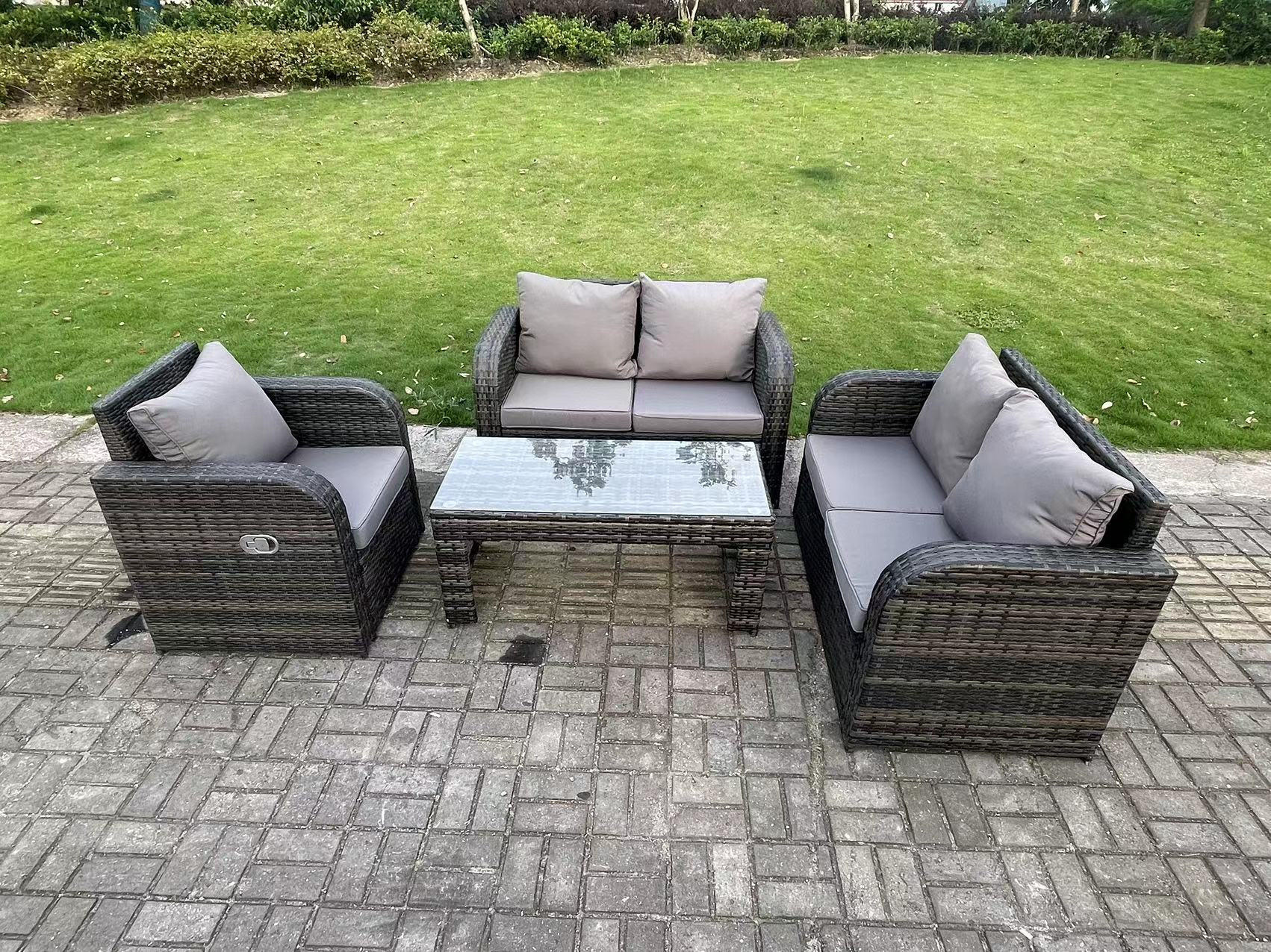 GARTENTISCHGRUPPE Polyrattan 5-Sitzer - Dunkelgrau/Grau, Glas/Kunststoff - Fimous